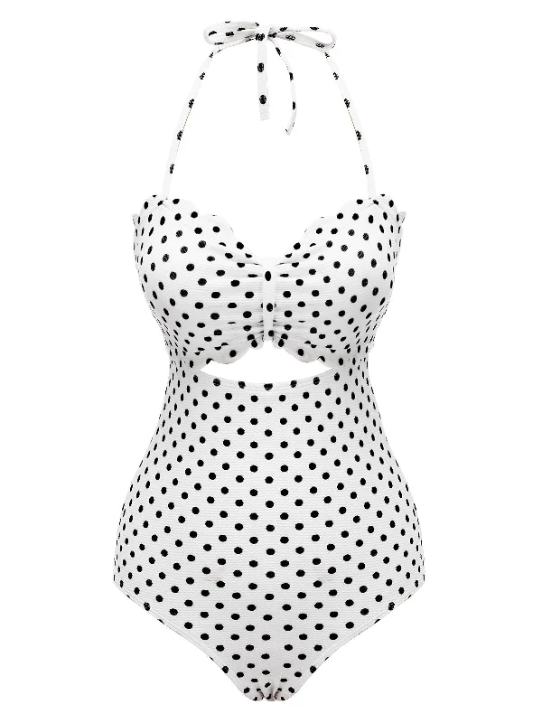 White 1940s Polka Dot Lace Up Halter Swimsuit High-Cut One-Piece