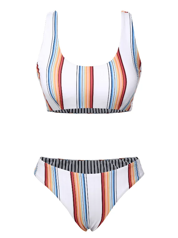 White 1950s Strap Stripes Swimsuit Swim Dress with Belt