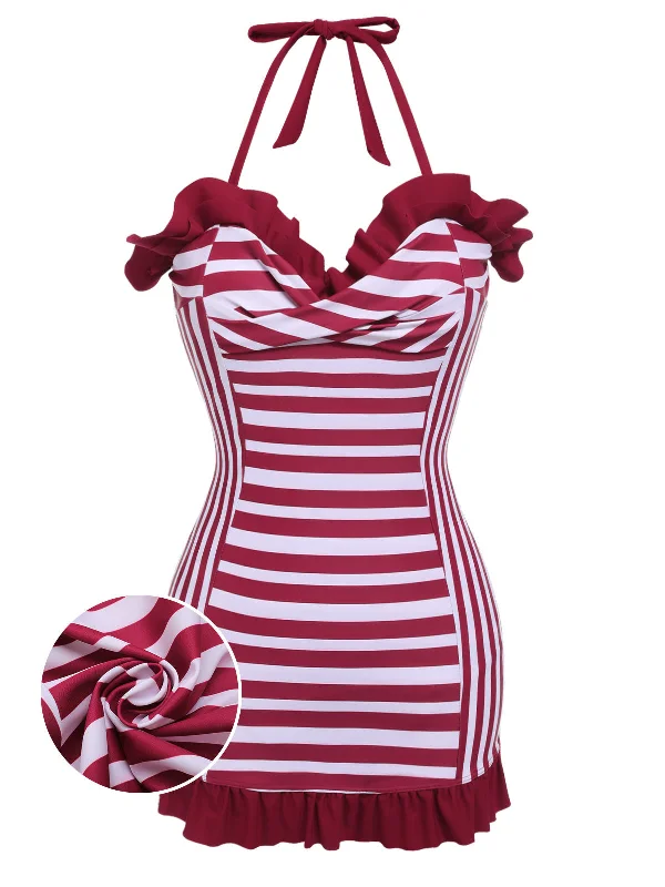 Wine Red 1950s Stripe Heart Collar Swimsuit Push-Up Bikini Top