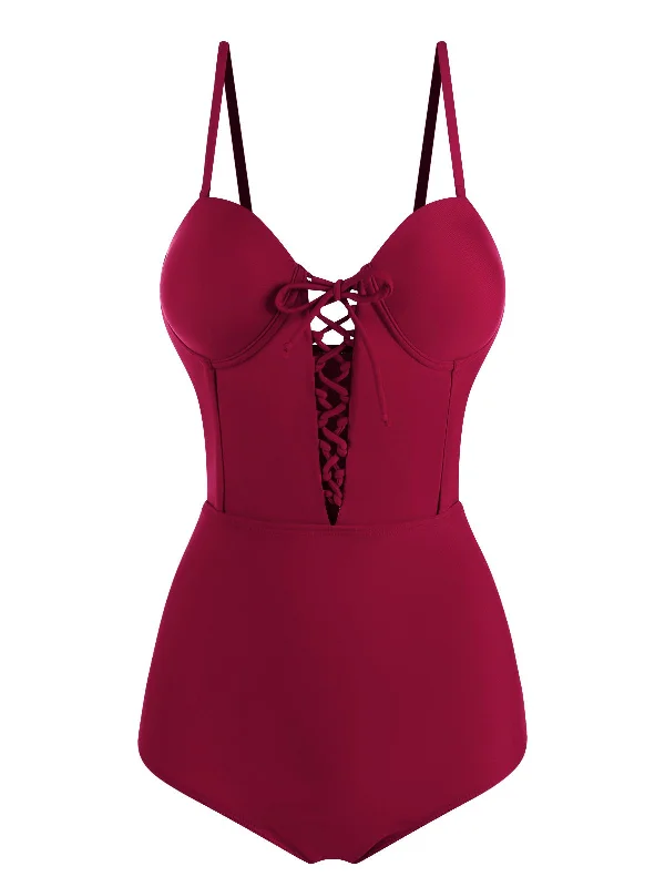 Wine Red 1960s Solid Spaghetti Strap One-piece Swimsuit Halter Top Bikini