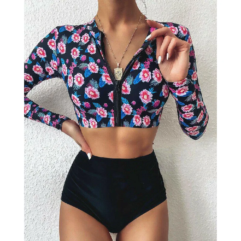 Long Sleeve High Waist Flower Zippered Swimsuit Elegant Swimsuit Bottoms