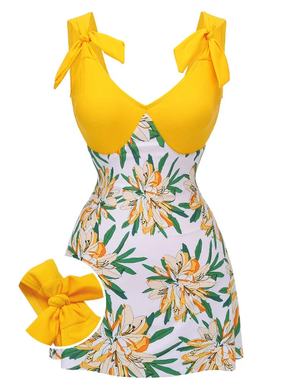 Yellow 1940s Floral Patchwork One-Piece Swimsuit Crisscross Back Swimsuit