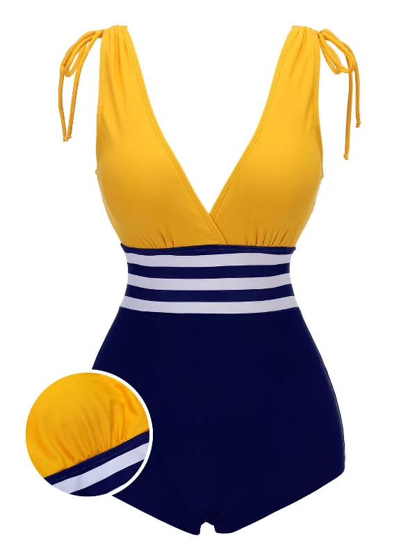 Yellow & Blue 1950s Striped Lace-Up Swimsuit Classic Swimsuit Design