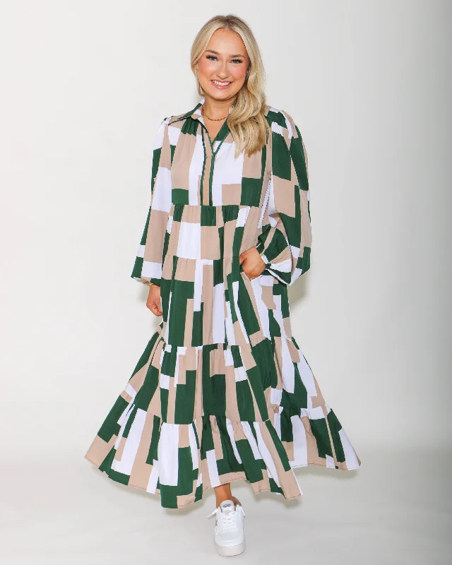 Abstract Print Green Print Maxi Dress Fashionable Button-Down Maxi Dress