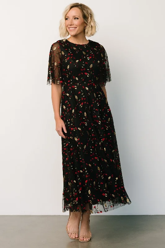 Arabella Embroidered Tulle Maxi Dress | Black + Red Cozy Wrap Maxi Dress