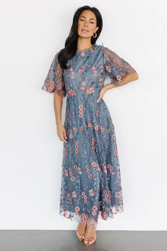 Arabella Embroidered Tulle Maxi Dress | Blue + Pink Comfortable Fitted Maxi Dress