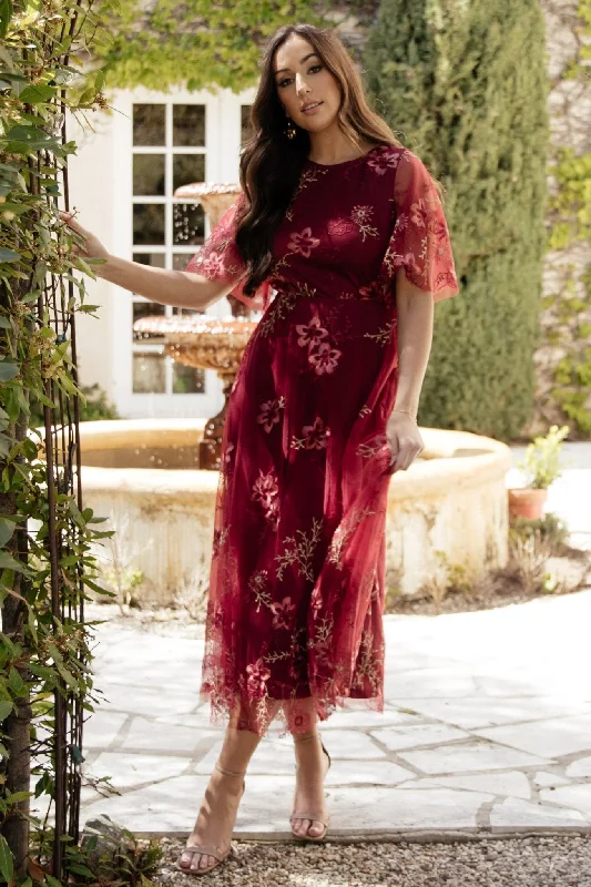 Arabella Embroidered Tulle Maxi Dress | Burgundy Floral Elegant Maxi Dress with Belt