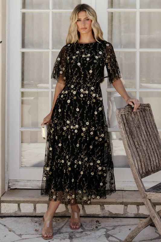 Arabella Embroidered Tulle Maxi Dress | Gold + Black Stylish Boho Maxi Dress