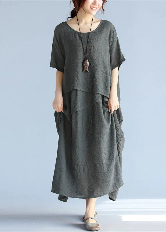 baggy gray long linen dresses oversized layered cotton maxi dress vintage short sleeve cotton clothing Fashionable Faux Wrap Maxi Dress