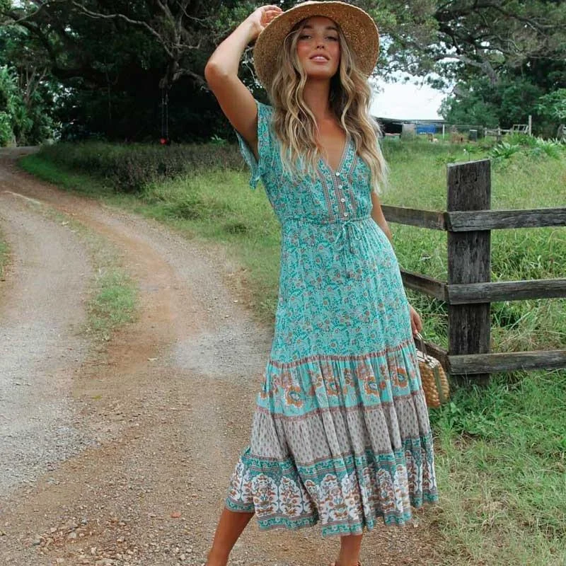 Blossom Gypsy Boho Maxi Dress Elegant Lace-Up Maxi Dress