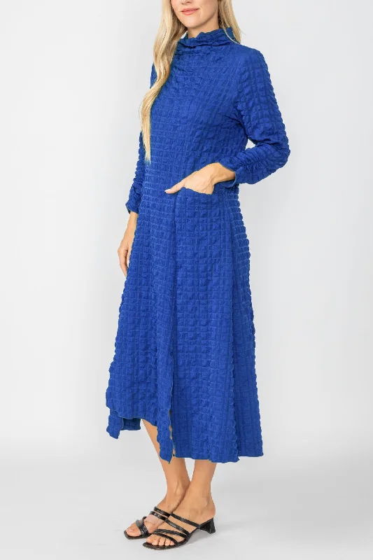 Blue Mock Neck W/ Shirring Front Slit Uneven Hem 3/4 Sleeve Maxi Dress Classic Strapless Maxi Dress