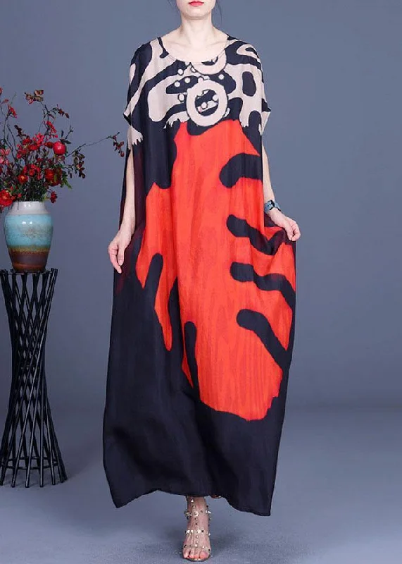 Bohemian Red Print O-Neck Silk Summer Maxi Dresses Trendy A-Line Maxi Dress