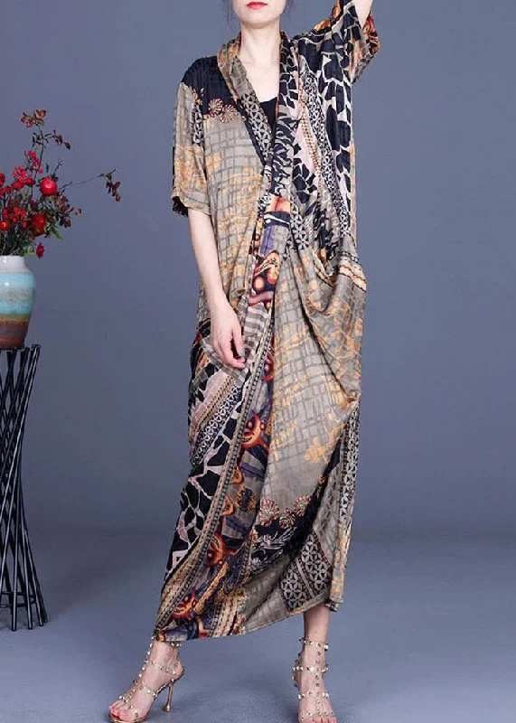 Boutique Khaki Print Overlapping Asymmetrical Design Chiffon Summer Maxi Dress Stylish Long Sleeve Maxi Dress