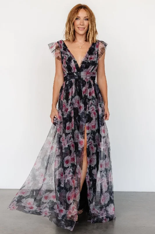 Carmine Maxi Dress | Black Floral Stylish V-Neck Maxi Dress