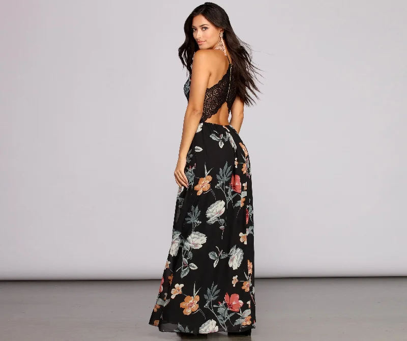 Flower Power Stylish Chiffon Maxi Dress Elegant Maxi Dress with Belt