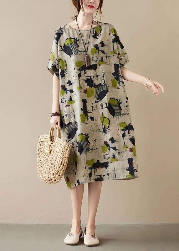 Classy Khaki Print O-Neck Pockets Summer Maxi Dresses Half Sleeve Cozy Ruffle Sleeve Maxi Dress