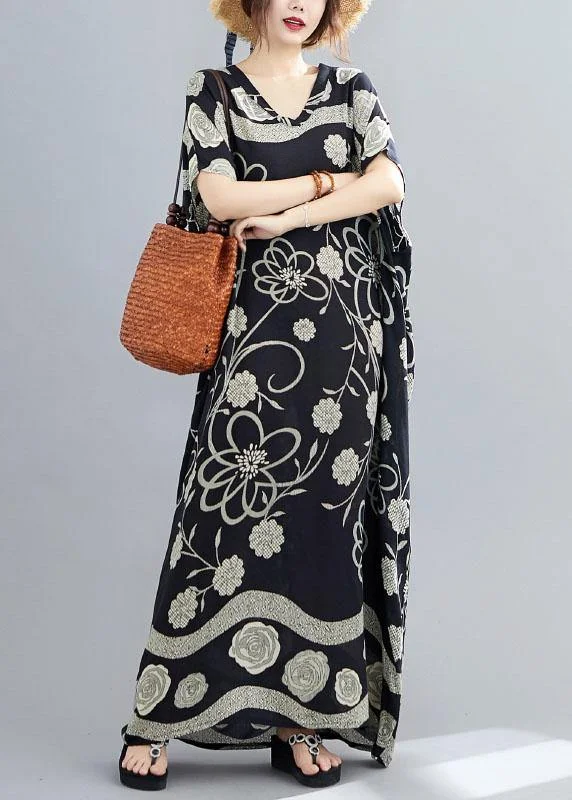 Comfy Black Bat Wing Sleeve Print V Neck Summer Cotton Maxi Dresses Trendy Fit-and-Flare Maxi Dress