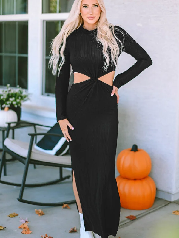 Cutout Round Neck Long Sleeve Slit Maxi Dress Chic Boho Print Maxi Dress