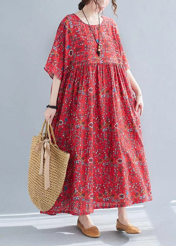 Diy Red Pockets Print Cotton Maxi Dresses Cinched Fashionable Halter Neck Maxi Dress