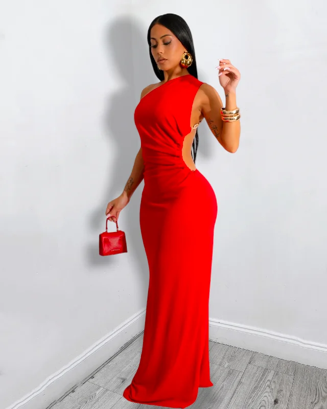 Feel Famous Chain Adorn Maxi Dress Red Cozy Ribbed Maxi Dress