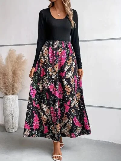 Floral Round Neck Long Sleeve Maxi Dress Chic Summer Floral Maxi Dress