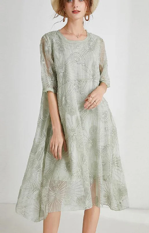 French Light Green Embroidery Chiffon Short Sleeve Summer Maxi Dresses Stylish V-Neck Maxi Dress