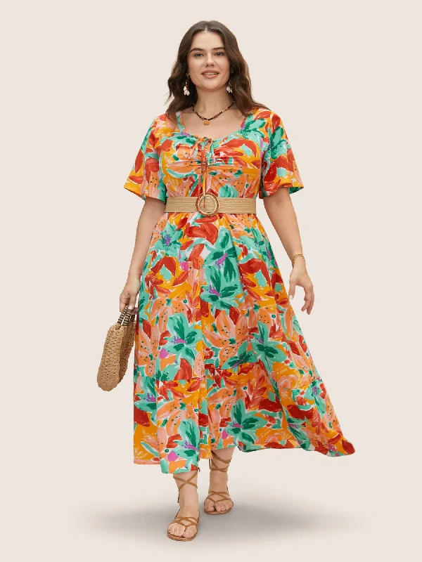 Heart Neckline Floral Drawstring Maxi Dress Cozy Maxi Dress with Slit