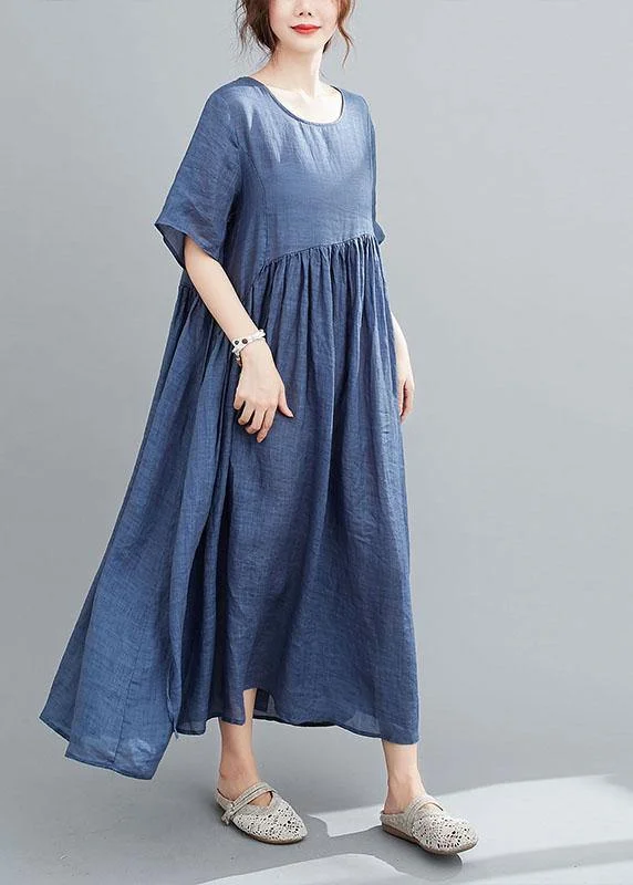 Italian Blue Pockets Maxi Dresses Short Sleeve Summer Classic Solid Maxi Dress