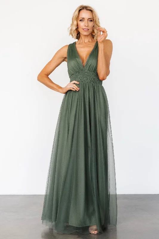 Kamila Tulle Maxi Dress | Dark Sage Comfortable Bohemian Maxi Dress