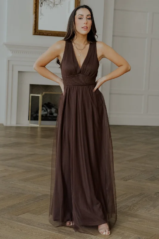 Kamila Tulle Maxi Dress | Espresso Elegant Silk Maxi Dress