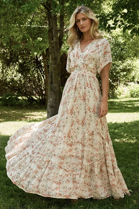 Katherine Maxi Dress | Cream + Rust Floral Fashionable High-Low Maxi Dress