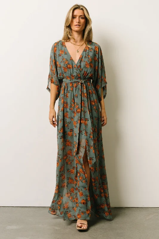 Kia Kimono Maxi Dress | Dusty Blue Floral Elegant Velvet Maxi Dress