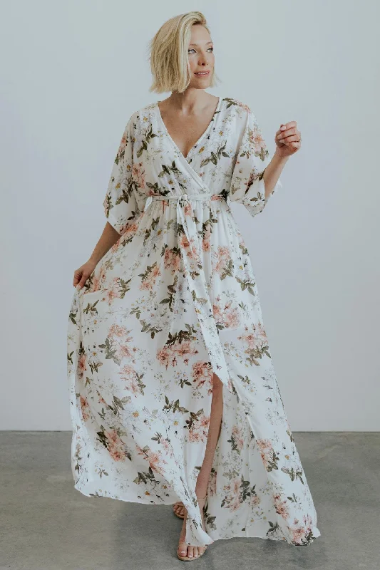 Kia Kimono Maxi Dress | White Floral Comfortable Pleated Maxi Dress