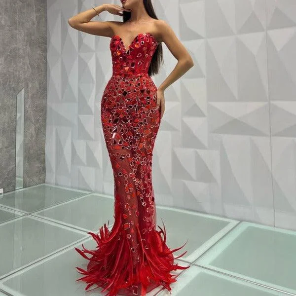 KittenAlarm - Kitt Strapless Feather Red Mirror Maxi Dress Comfortable Satin Maxi Dress