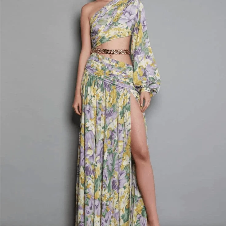 KittenAlarm - Krissy One Shoulder Chain Embellishment Floral Maxi Dress Stylish A-Line Maxi Dress