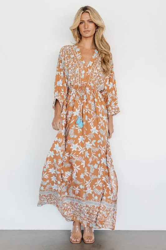 Laken Maxi Dress | Camel Multi Stylish Maxi Dress with Pleats