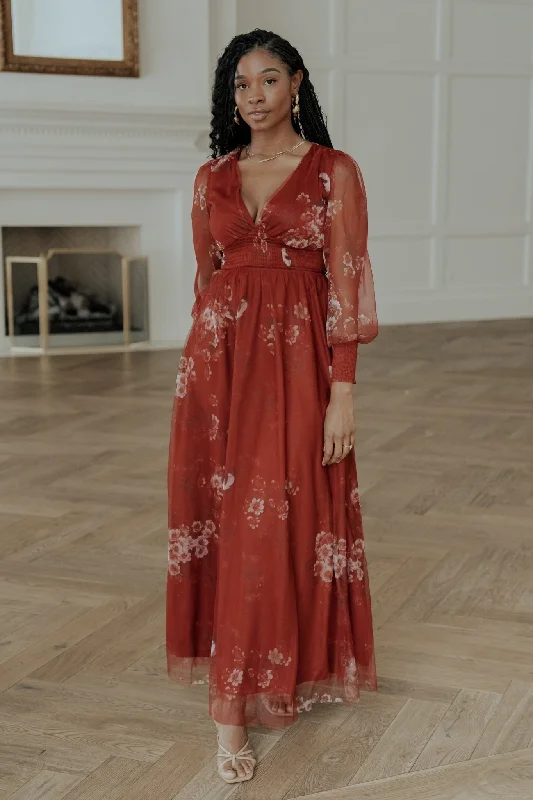 Layla Tulle Maxi Dress | Rust Floral Fashionable Button-Down Maxi Dress