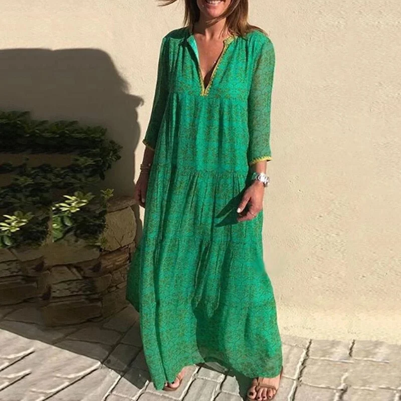 Amy Fashion - Long Sleeve Bohemian Maxi Dresses Cozy Spaghetti Strap Maxi Dress