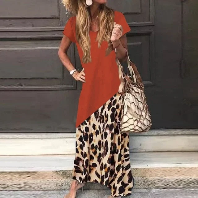 Amy Fashion - Casual Short Sleeve Leopard Printed Maxi Dress Elegant Lace-Up Maxi Dress