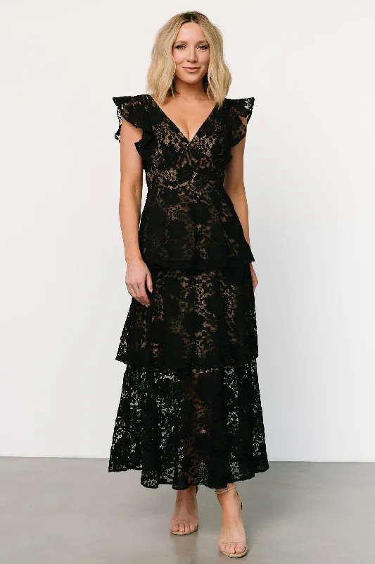 Margot Lace Tiered Maxi Dress | Black + Nude Fashionable Sleeveless Maxi Dress