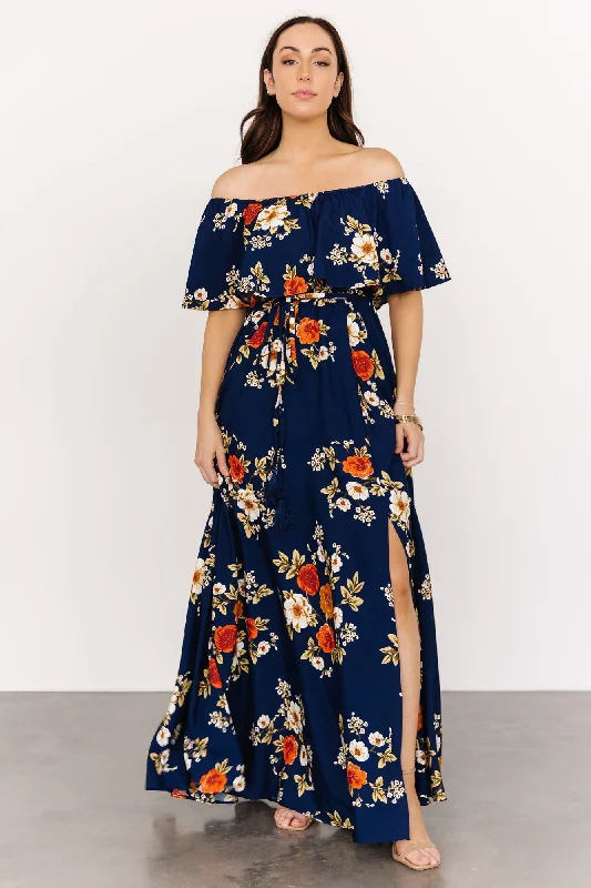 Marley Off Shoulder Maxi Dress | Navy Floral Stylish Boho Maxi Dress