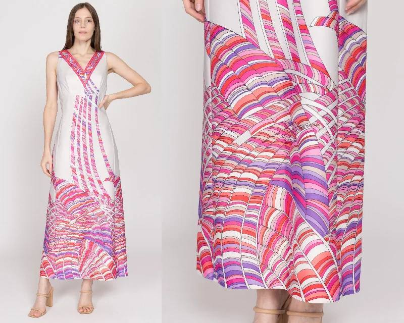 Med-Lrg 70s Psychedelic White & Pink Abstract Print Maxi Dress Cozy Cold-Shoulder Maxi Dress