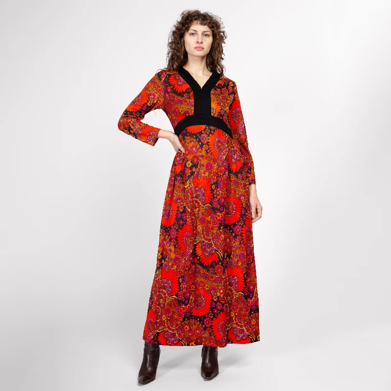 Medium 70s Psychedelic Red Floral Maxi Dress Stylish Longline Maxi Dress