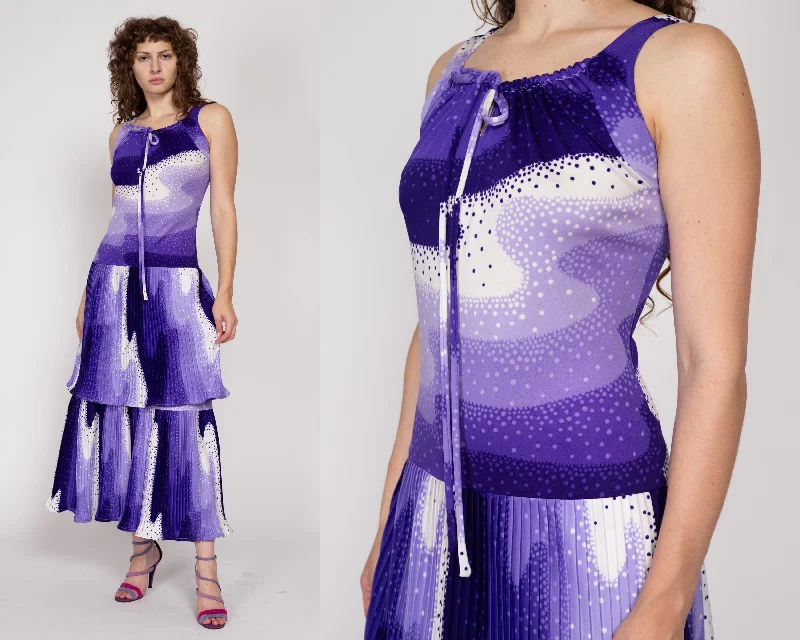 Medium 70s Purple Wavy Psychedelic Maxi Dress Stylish Pleated A-Line Maxi Dress