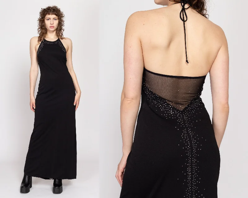 Medium 90s Black Beaded Sheer Low Back Maxi Dress Trendy Maxi Dress with Straps