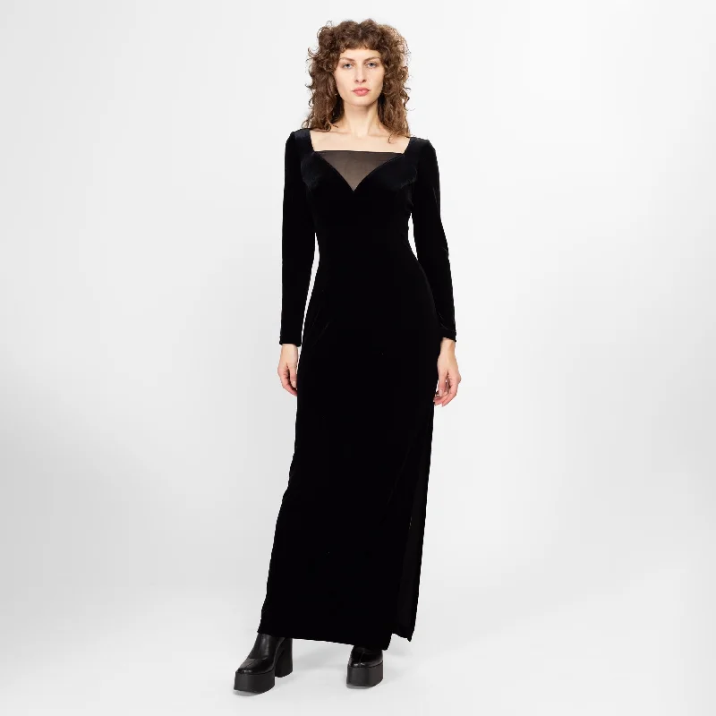 Medium 90s Black Velvet Mesh Cut Out Maxi Dress Cozy Open-Back Maxi Dress