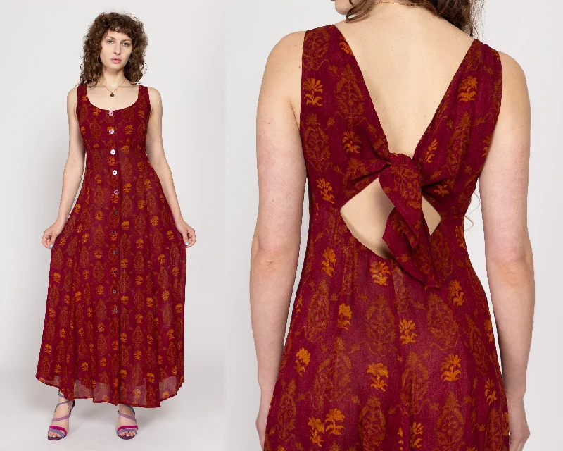 Medium 90s Max Mara Wine Red Floral Keyhole Back Maxi Dress Comfortable Ruffle Maxi Dress