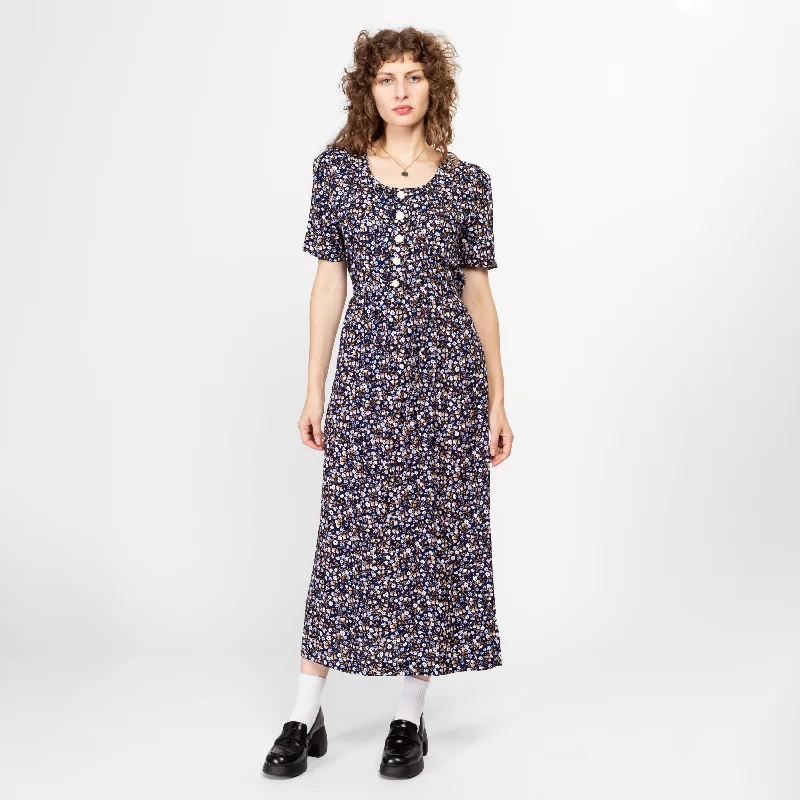 Medium 90s Navy Blue Floral Grunge Maxi Dress Comfortable Bohemian Maxi Dress