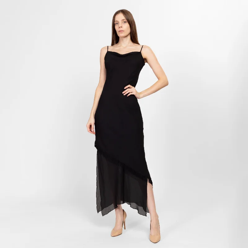 Medium Y2K Black Fringe Scarf Hem Maxi Dress Cozy Wrap Maxi Dress