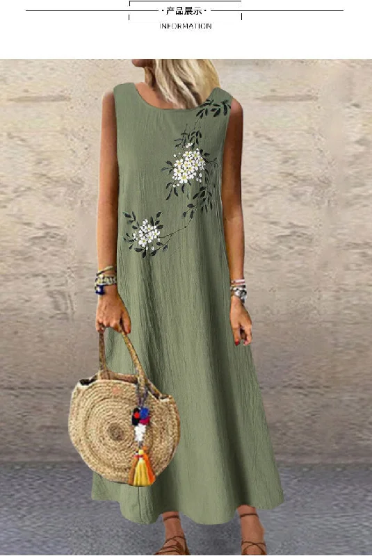 Amy Fashion - Midi Casual Linen Loose Sleeveless Maxi Dress Stylish V-Neck Maxi Dress